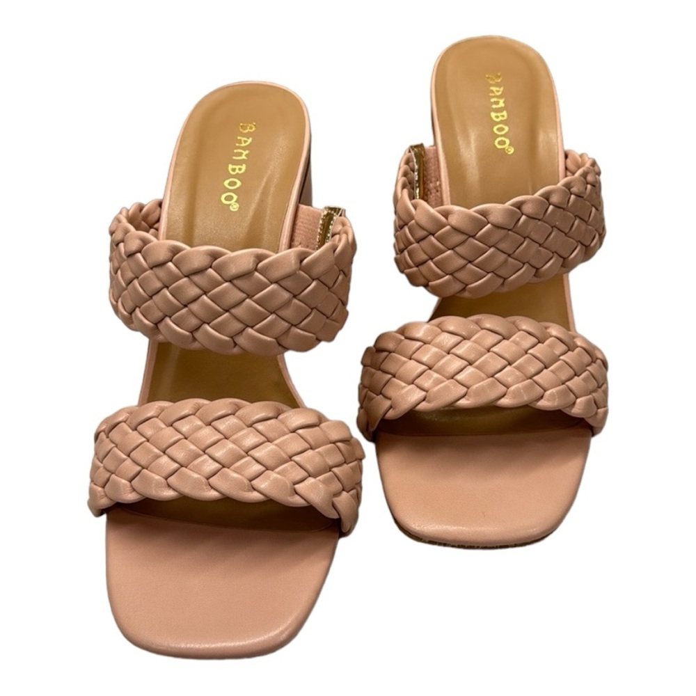 Bamboo Women’s Shoes Braided Strap Block 4” Heels pink Beige Blush Color 8.5